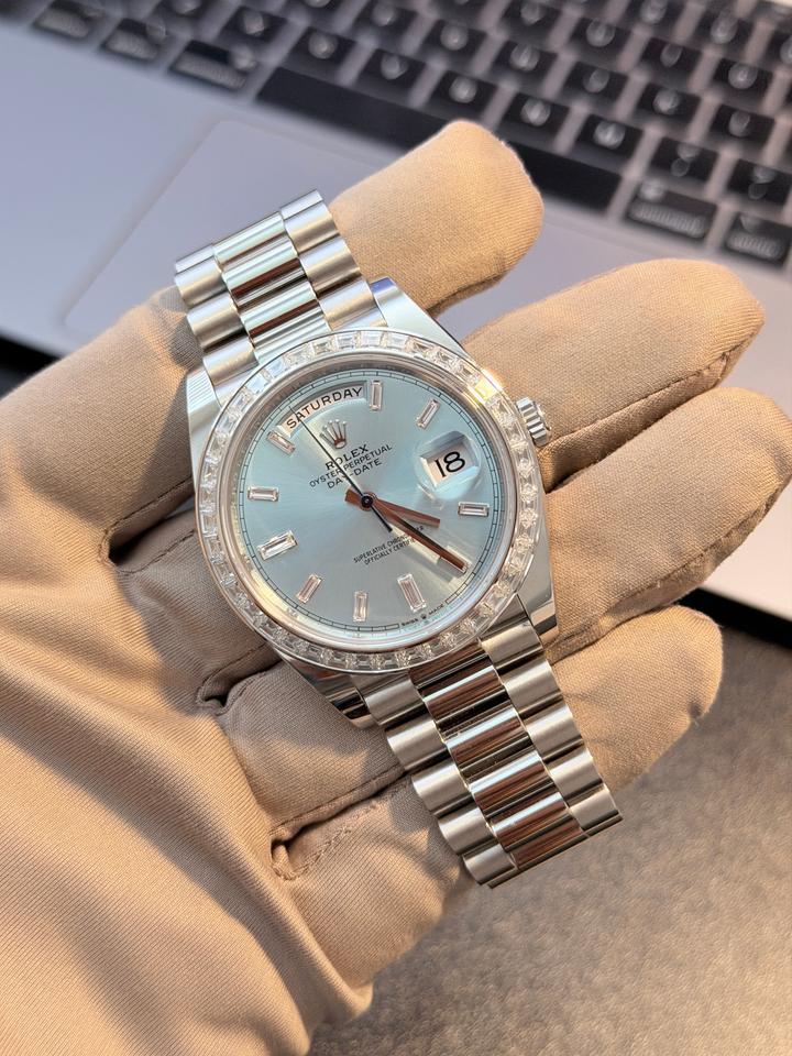 Rolex Day-Date 40 228396TBR 40mm Platinum Blue Baguette Diamond Dial President Bracelet