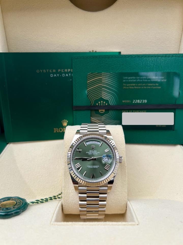 Rolex Day-Date 40 228239 40mm White Gold Olive Green Dial President Bracelet Automatic Watch