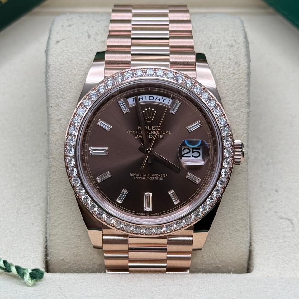 Rolex Day-Date 40 228345RBR 40mm Everose Gold Chocolate Baguette Diamond Dial President Bracelet
