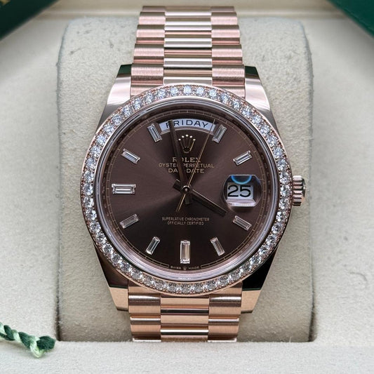 Rolex Day-Date 40 228345RBR 40mm Everose Gold Chocolate Baguette Diamond Dial President Bracelet