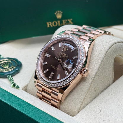 Rolex Day-Date 40 228345RBR 40mm Everose Gold Chocolate Baguette Diamond Dial President Bracelet