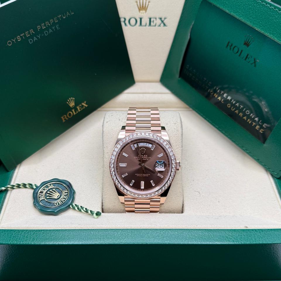 Rolex Day-Date 40 228345RBR 40mm Everose Gold Chocolate Baguette Diamond Dial President Bracelet