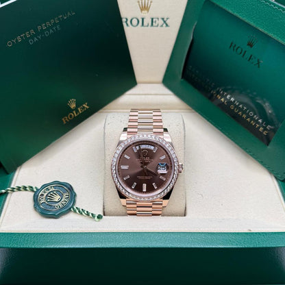 Rolex Day-Date 40 228345RBR 40mm Everose Gold Chocolate Baguette Diamond Dial President Bracelet