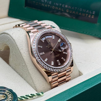 Rolex Day-Date 40 228345RBR 40mm Everose Gold Chocolate Baguette Diamond Dial President Bracelet