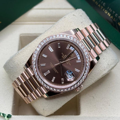 Rolex Day-Date 40 228345RBR 40mm Everose Gold Chocolate Baguette Diamond Dial President Bracelet