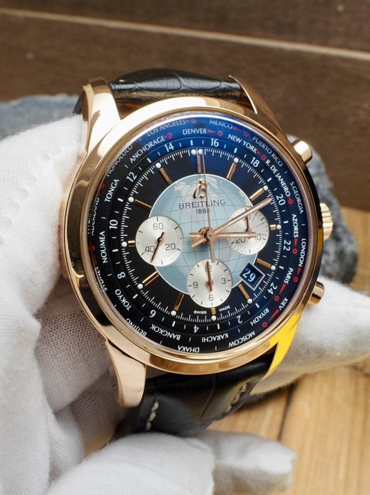 Breitling Transocean Chronograph Unitime RB0510 46mm Rose Gold Black Dial Automatic Watch