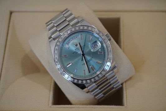 Rolex Day-Date 40 228396TBR 40mm Platinum Blue Baguette Diamond Dial President Bracelet