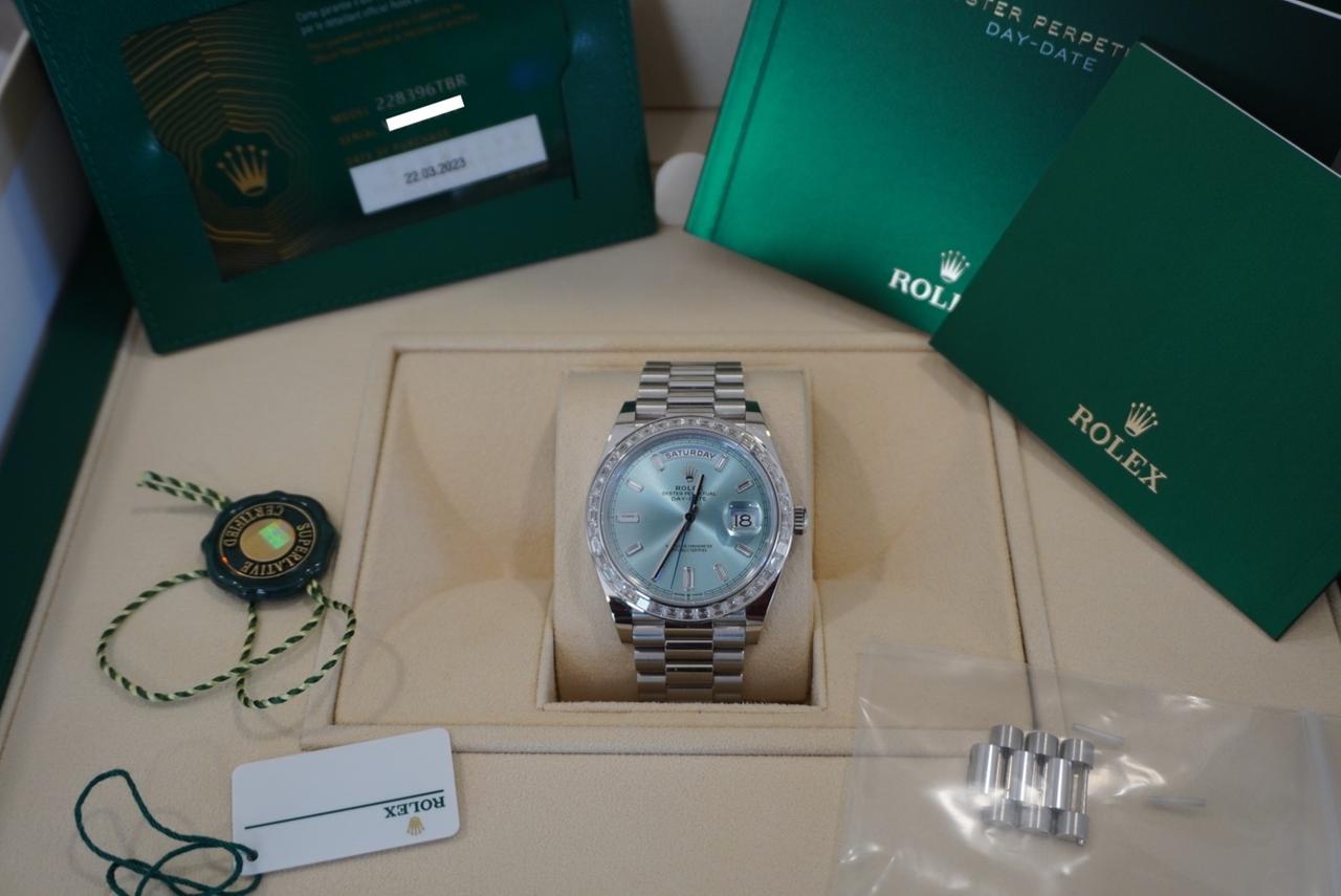 Rolex Day-Date 40 228396TBR 40mm Platinum Blue Baguette Diamond Dial President Bracelet