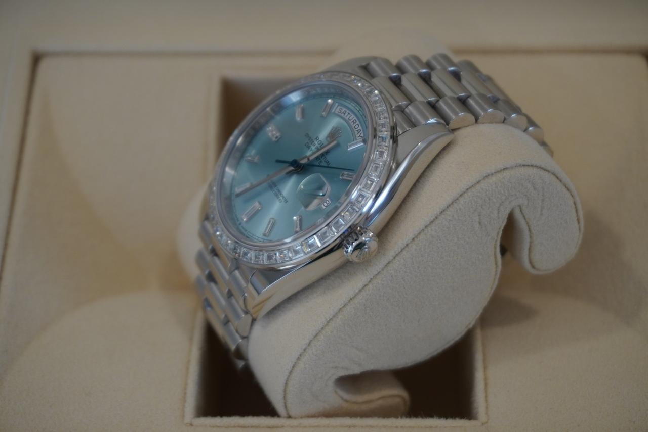 Rolex Day-Date 40 228396TBR 40mm Platinum Blue Baguette Diamond Dial President Bracelet