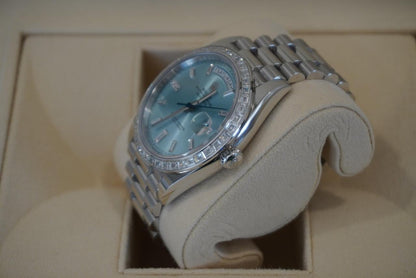 Rolex Day-Date 40 228396TBR 40mm Platinum Blue Baguette Diamond Dial President Bracelet