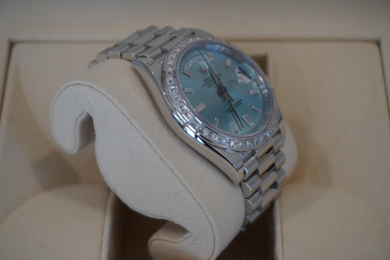 Rolex Day-Date 40 228396TBR 40mm Platinum Blue Baguette Diamond Dial President Bracelet