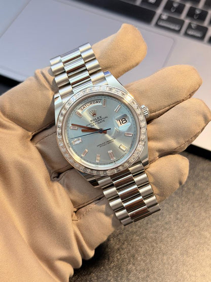 Rolex Day-Date 40 228396TBR 40mm Platinum Blue Baguette Diamond Dial President Bracelet
