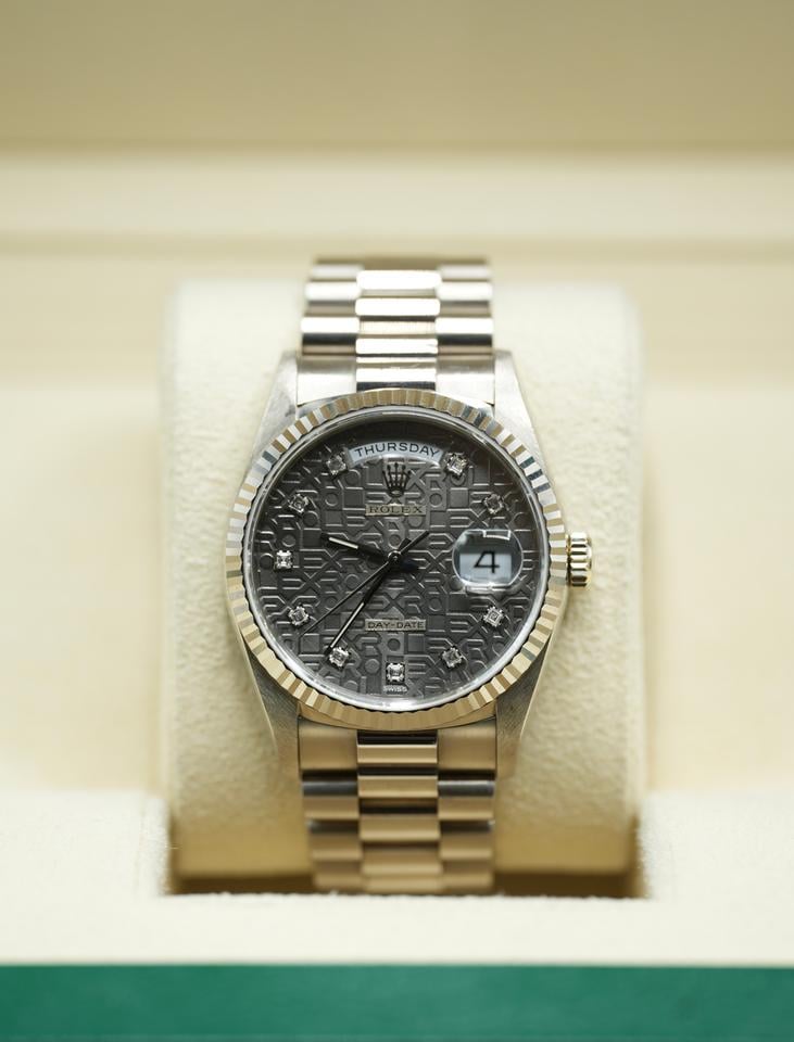 Rolex Day-Date 36 18239 36mm White Gold Grey Diamond Dial Jubilee Bracelet