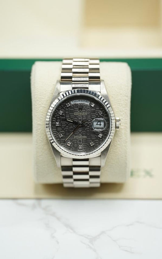 Rolex Day-Date 36 18239 36mm White Gold Grey Diamond Dial Jubilee Bracelet