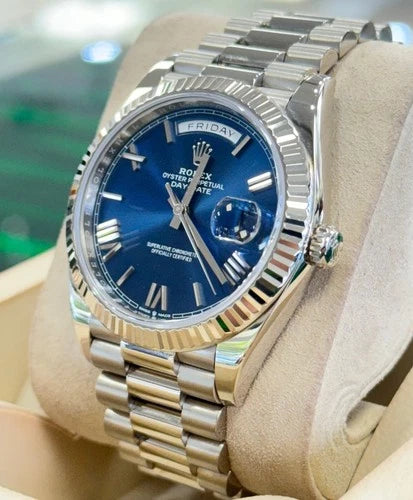 Rolex Day-Date 40 228239 40mm 18K White Gold Blue Roman Dial President Bracelet